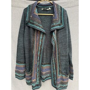 Soft Surroundings Nahla Cardigan Sweater Boho Small Teal Stripe Crochet Knit